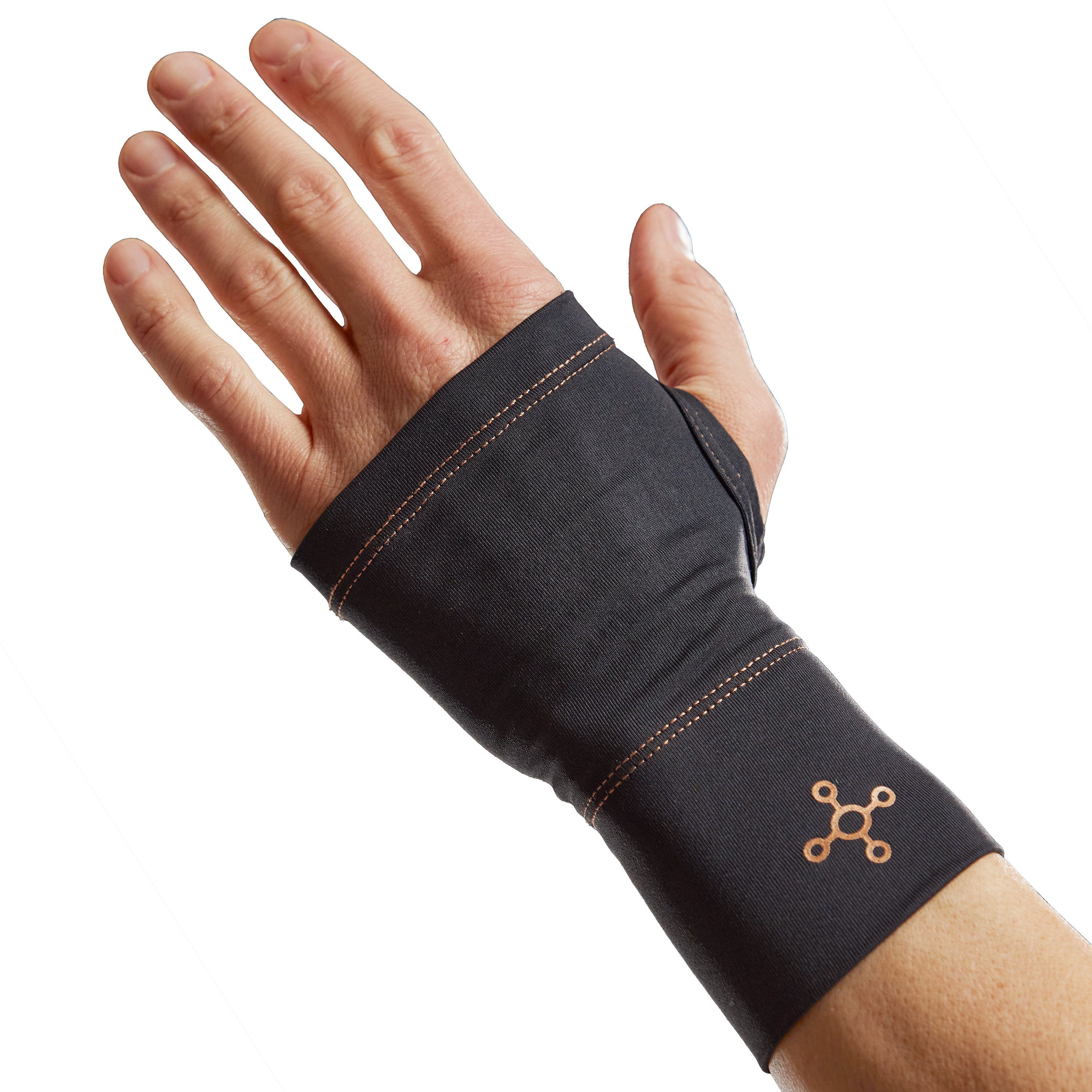 Black wrist support brace on a white background