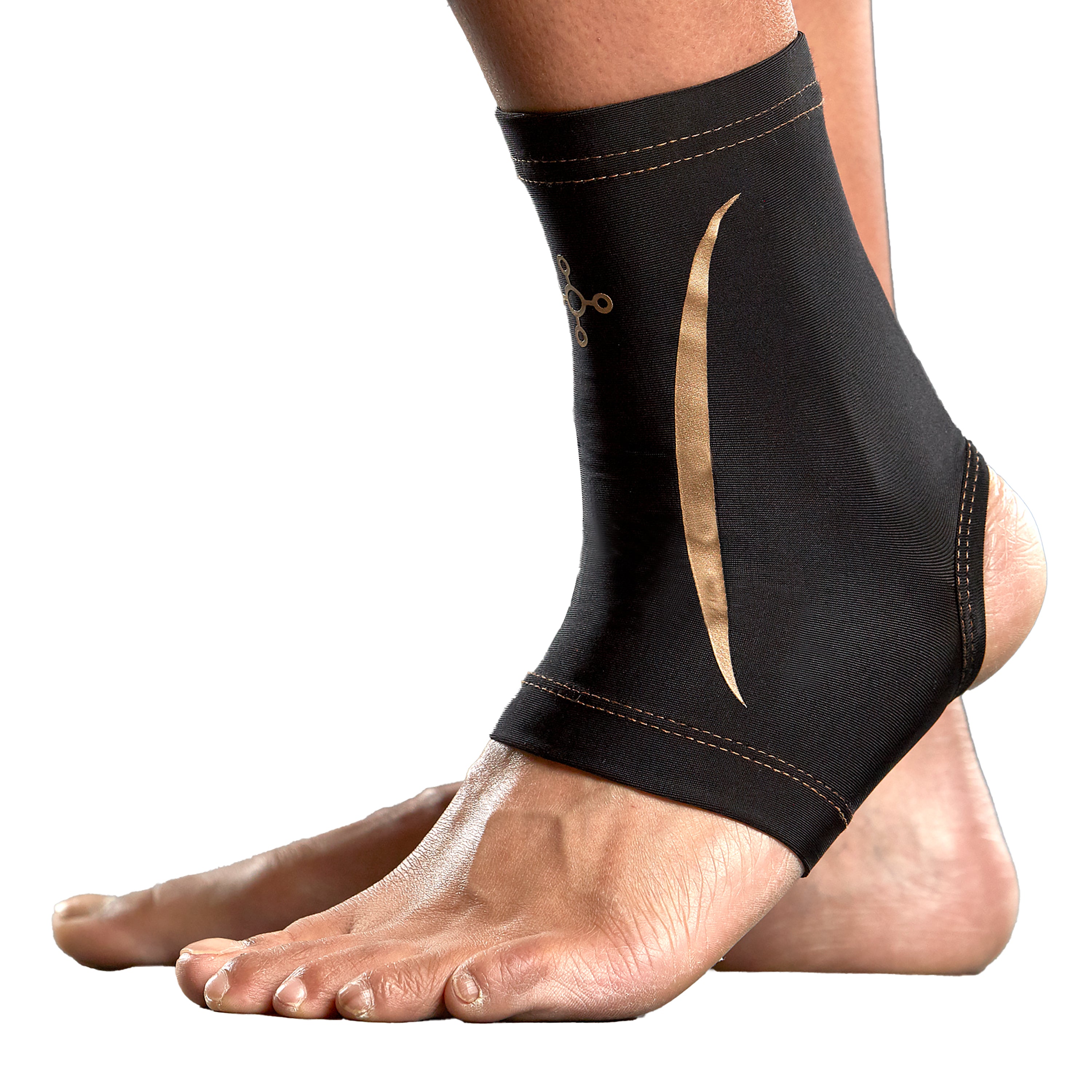Black ankle support brace with gold accents on a white background