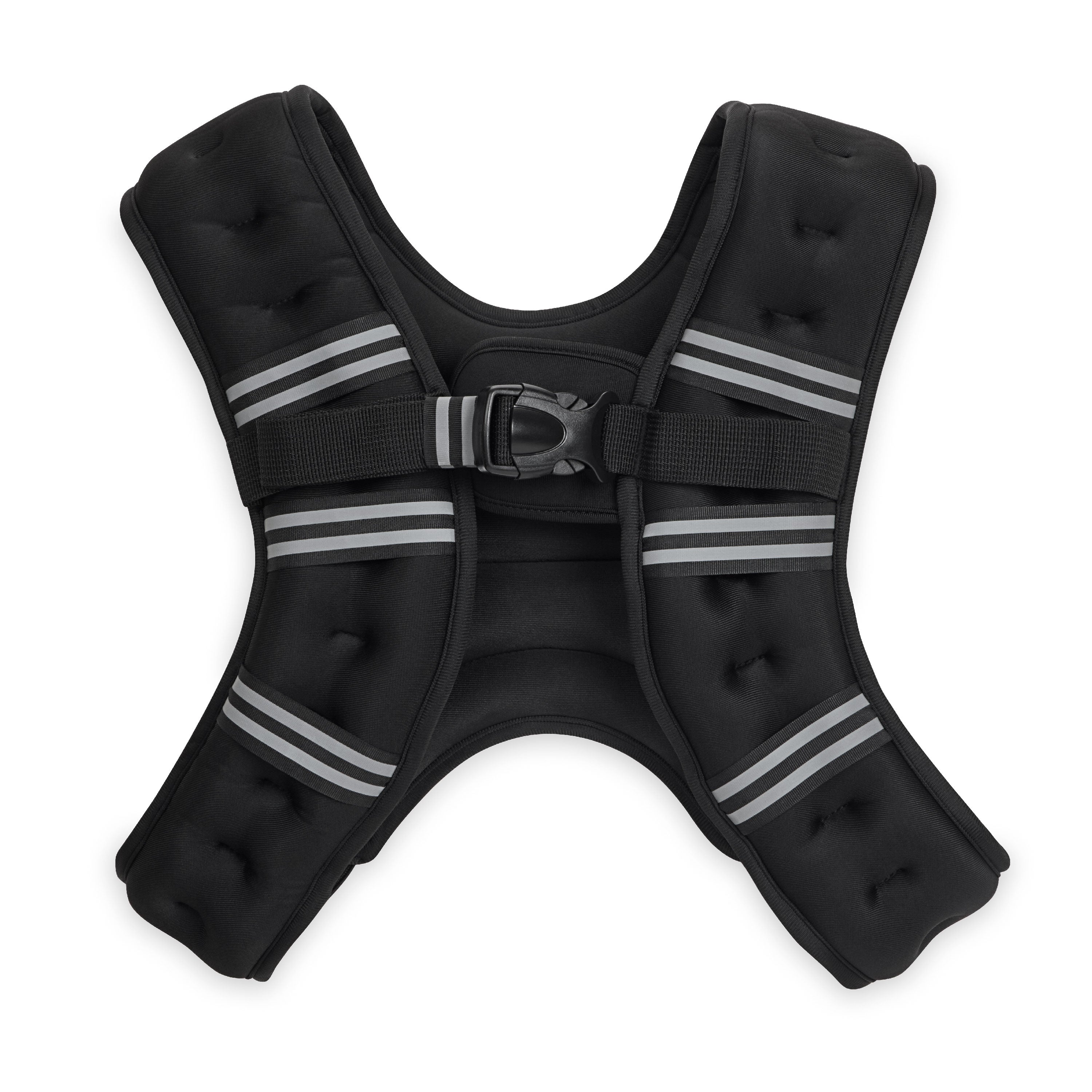 Black dog harness with reflective stripes on a white background