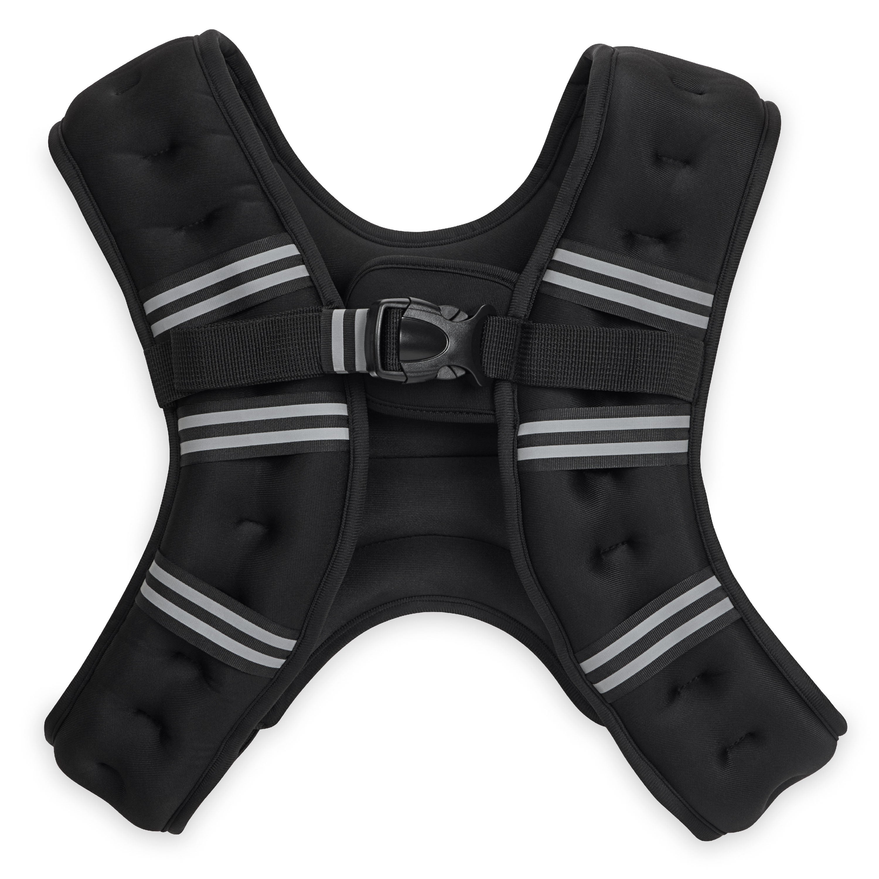 Black dog harness with reflective stripes on a white background