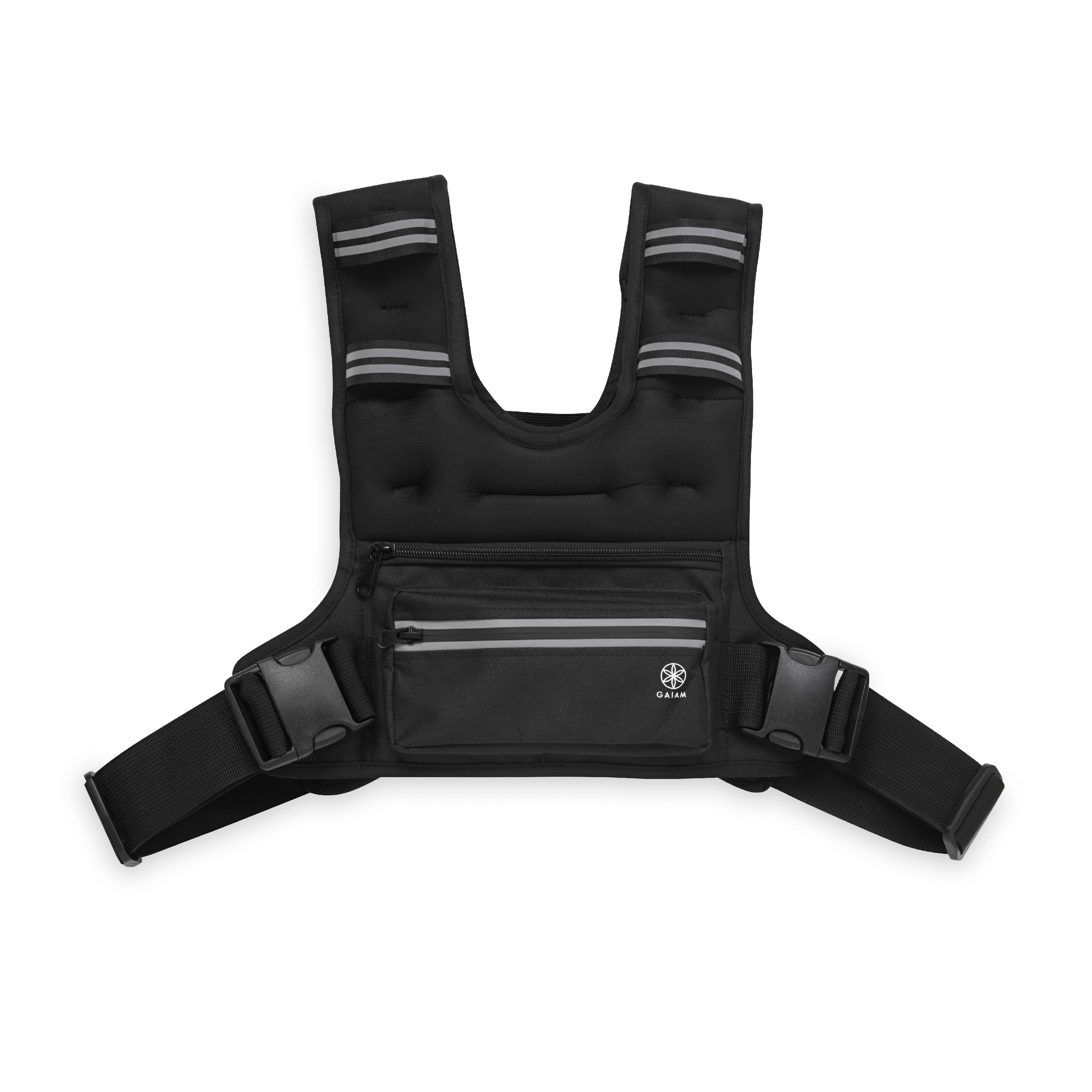 Black chest harness with reflective stripes on a white background