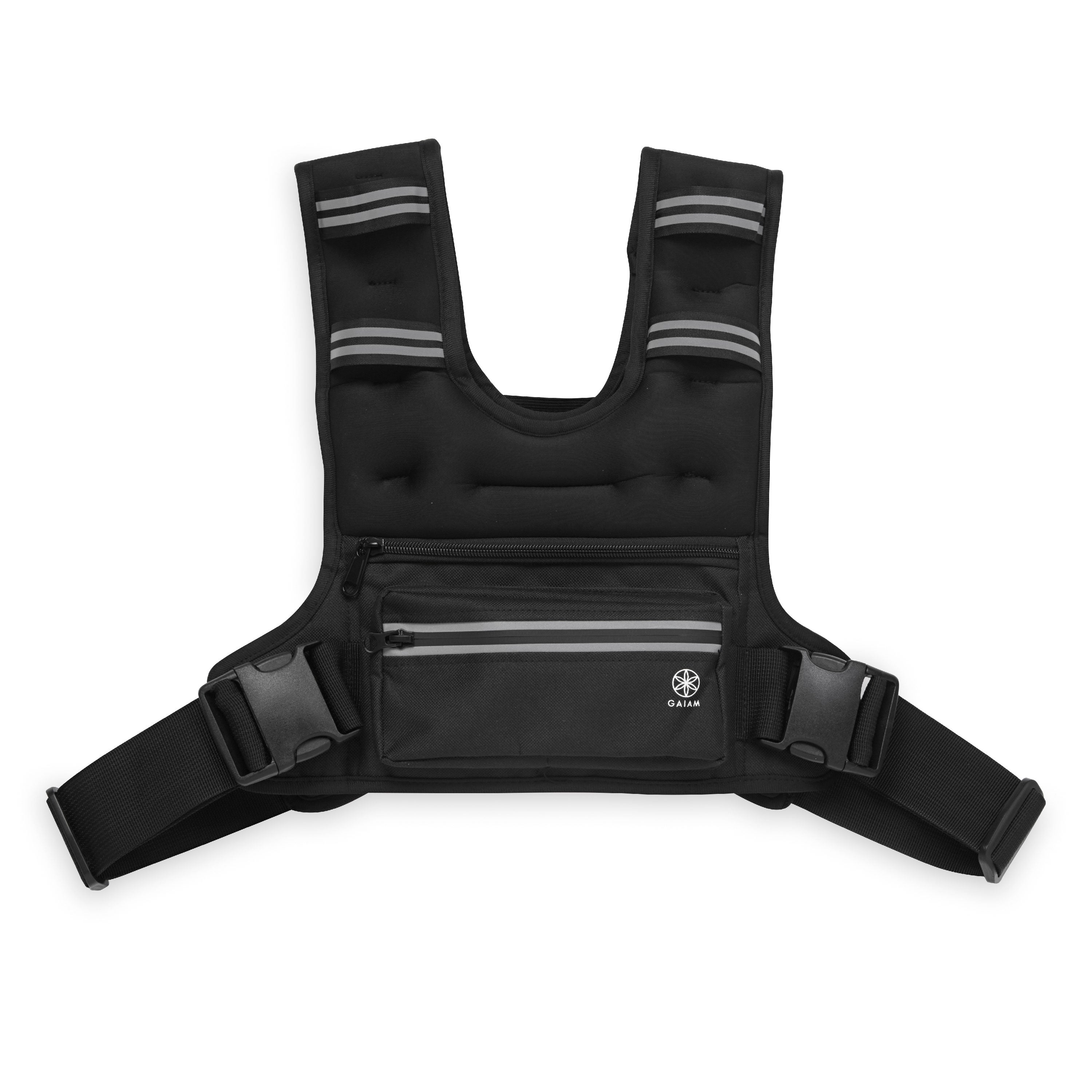 Black weighted vest with reflective stripes on a white background