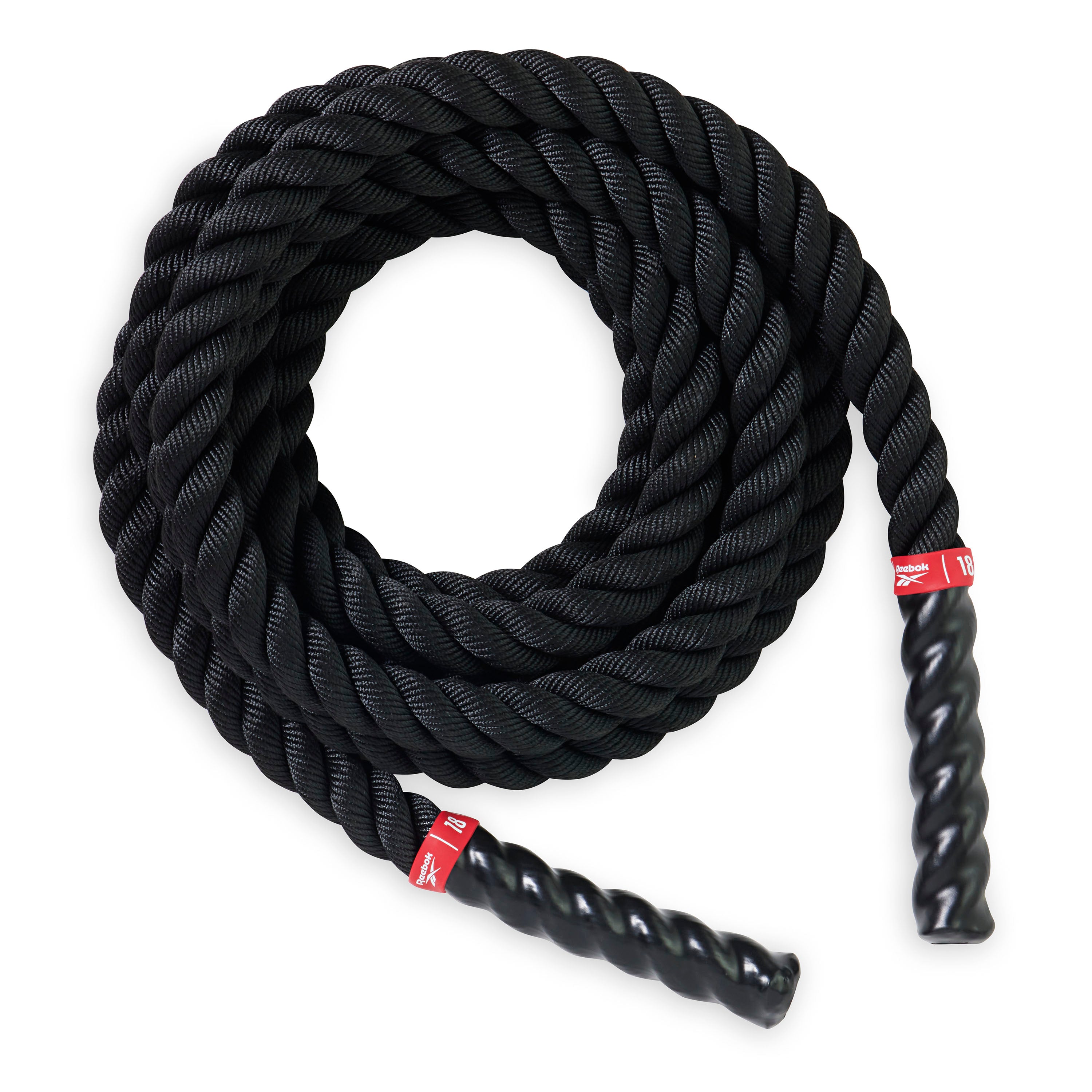 Reebok 18ft Battle Rope coiled up on a white background