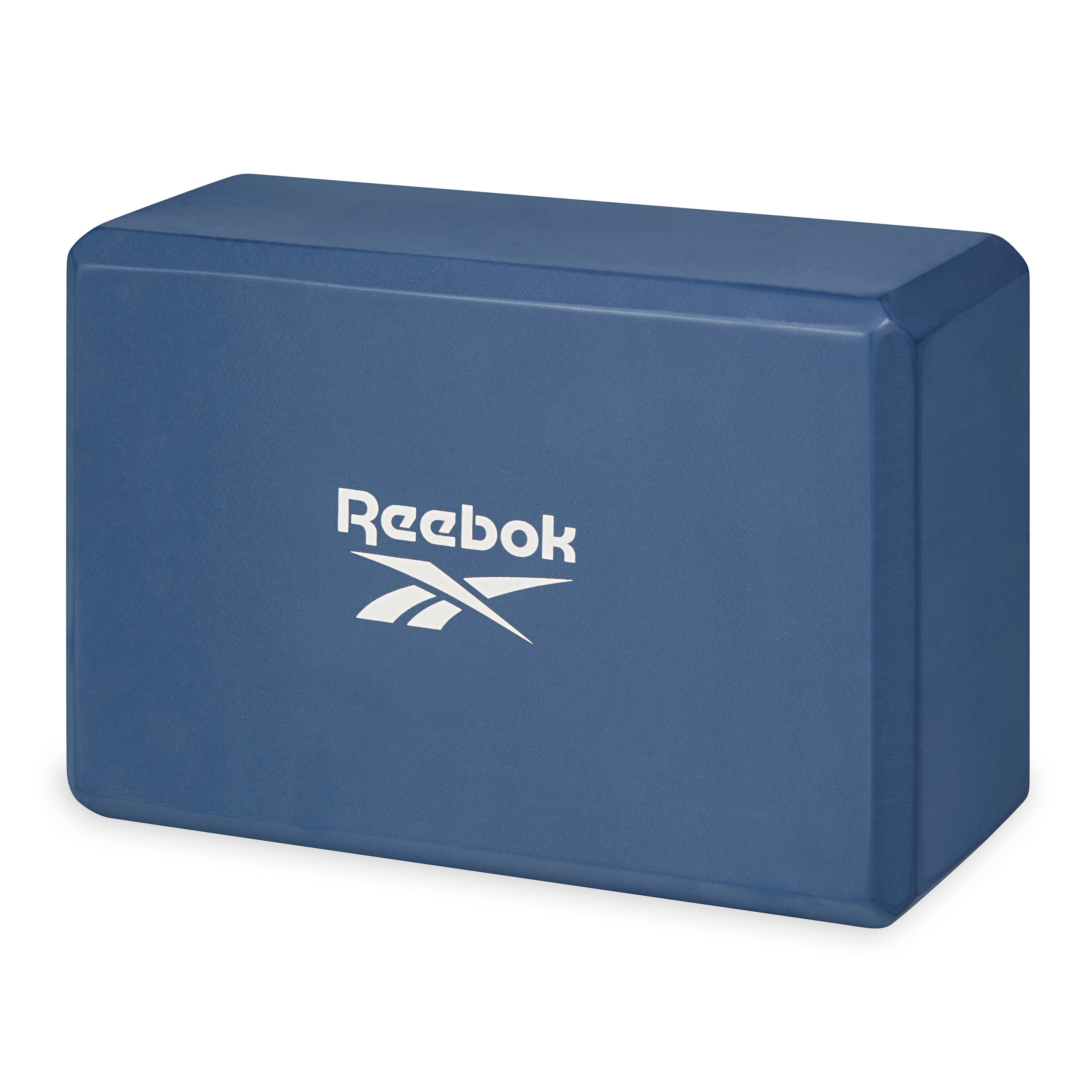 Blue yoga block with Reebok logo on a white background