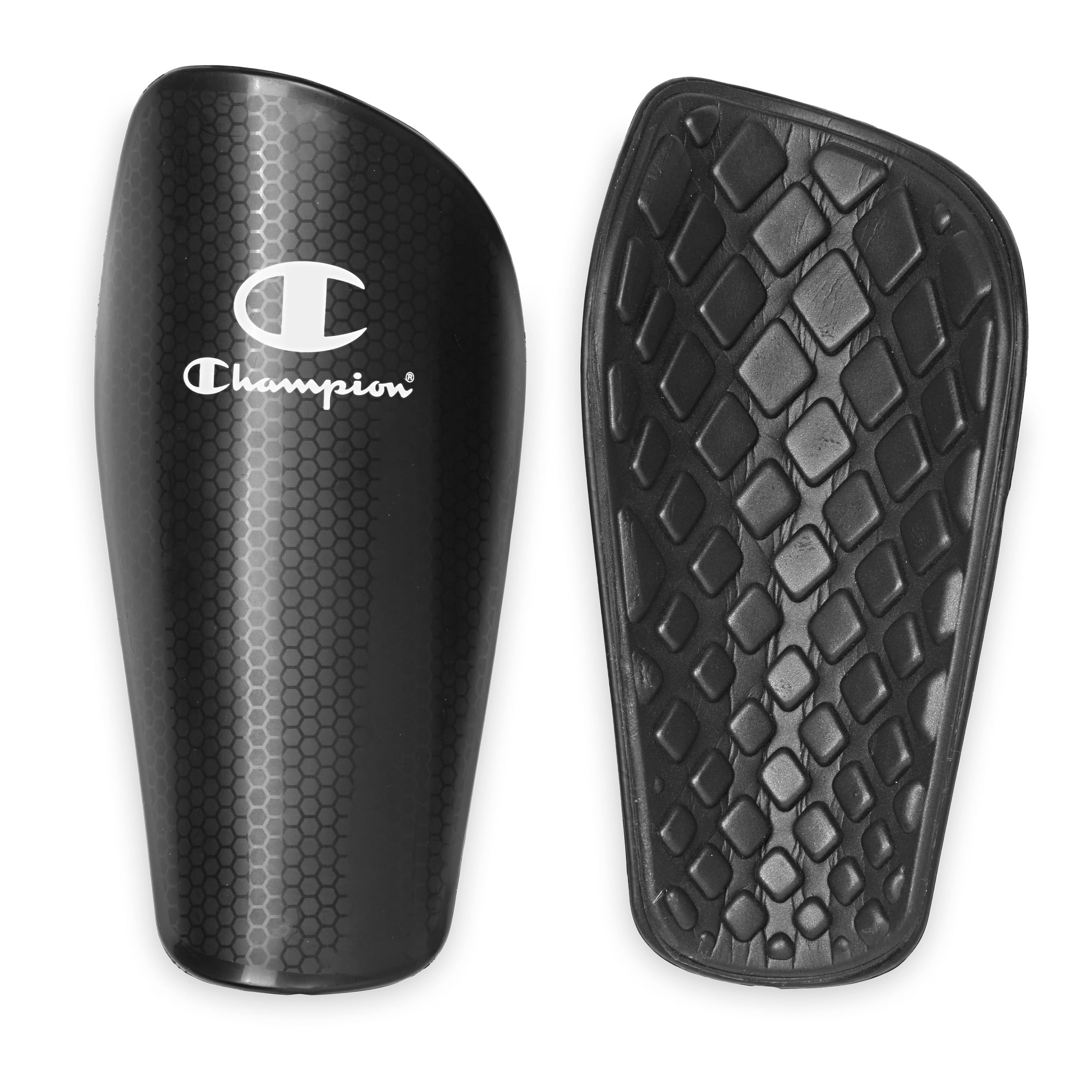 Black shin guards with textured surface and Champion logo on a white background