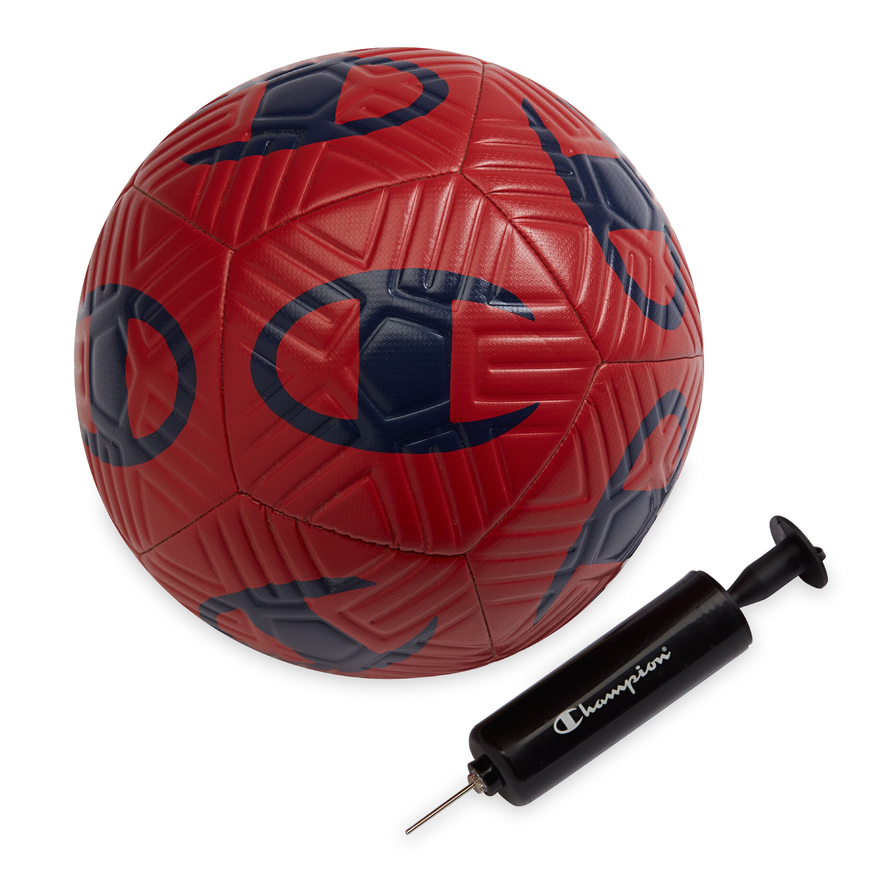 Red soccer ball with black patterns and a black pump on a white background