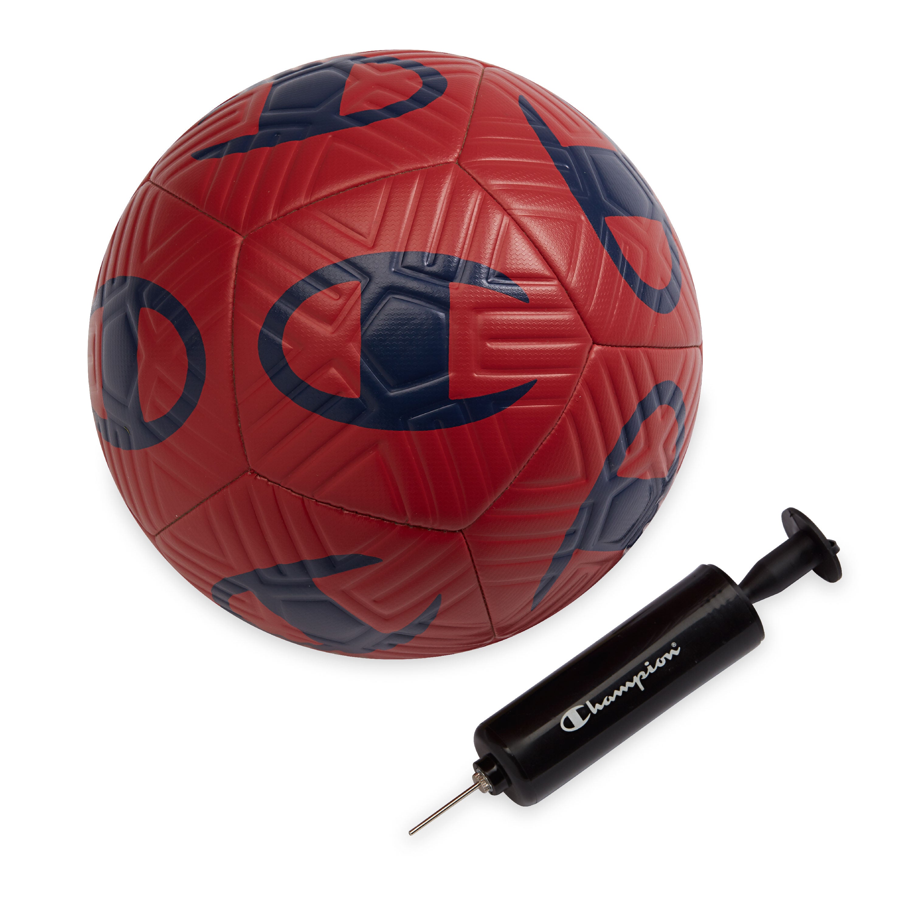Red soccer ball with black patterns and a Champion brand pump on a white background