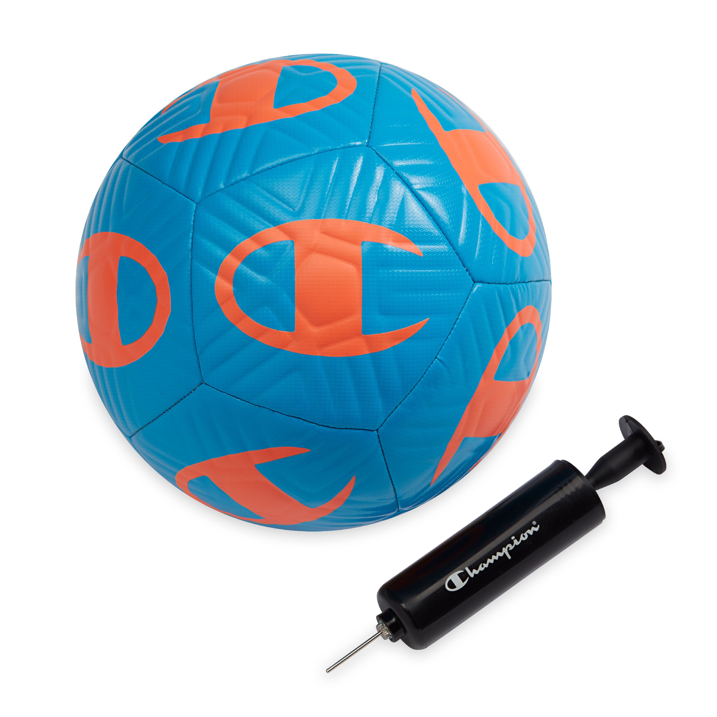 Blue soccer ball with orange logo and black pump on a white background