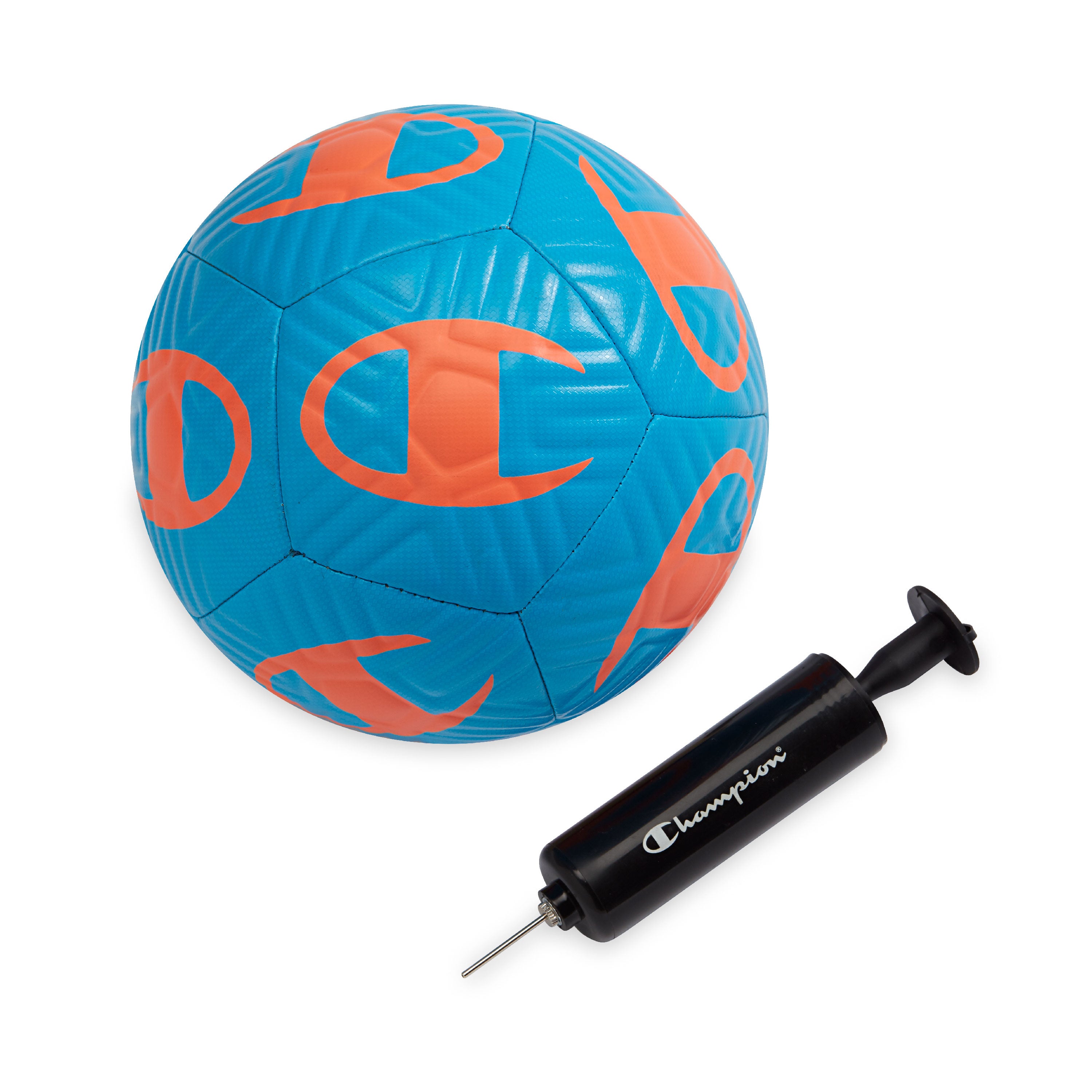 Blue soccer ball with orange logo and Champion brand pump on a white background