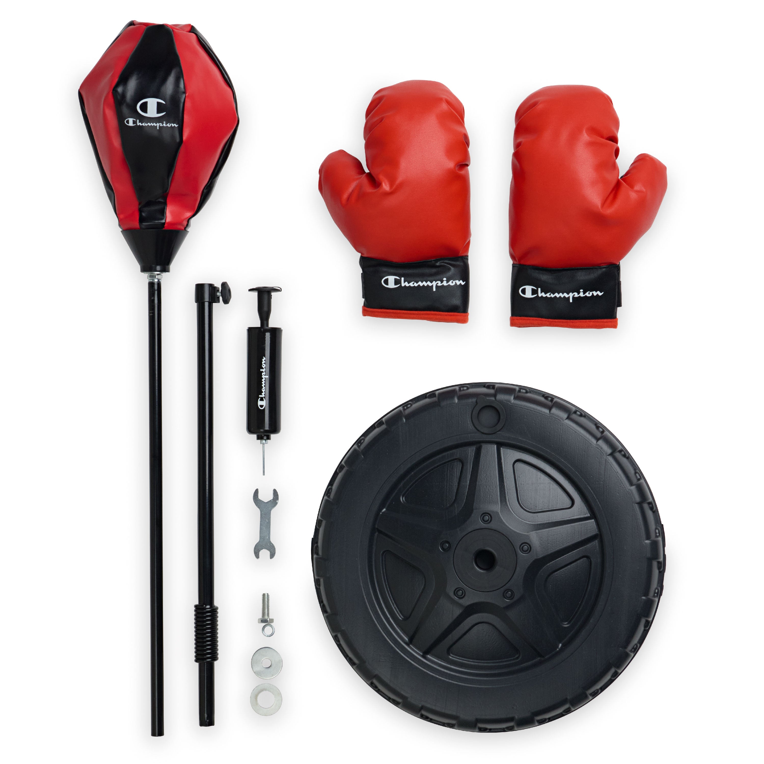 Boxing training equipment including red gloves, punching bag, wheel, and tools on a white background.