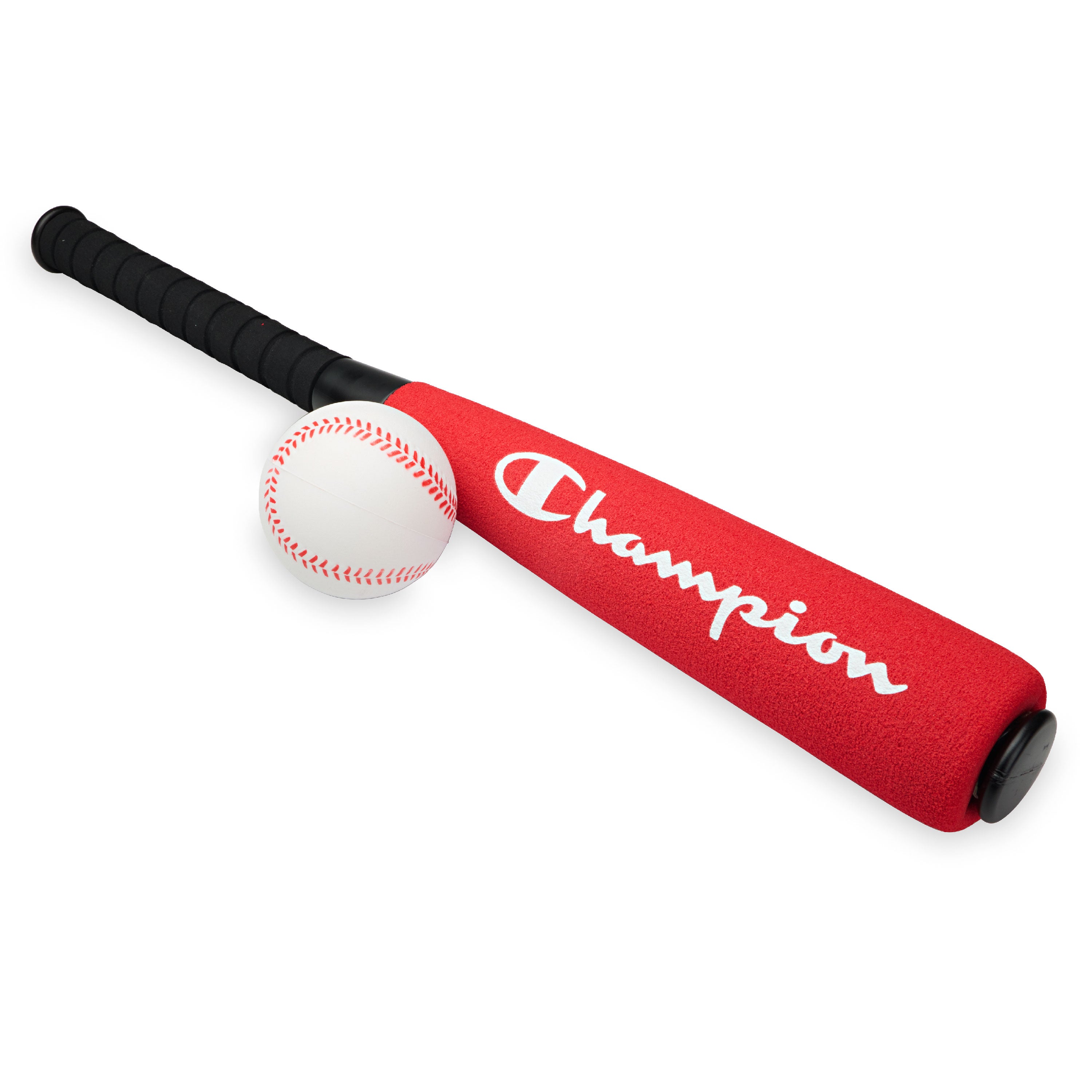 Red baseball bat with black handle and white ball on a white background, featuring the 'Champion' brand.