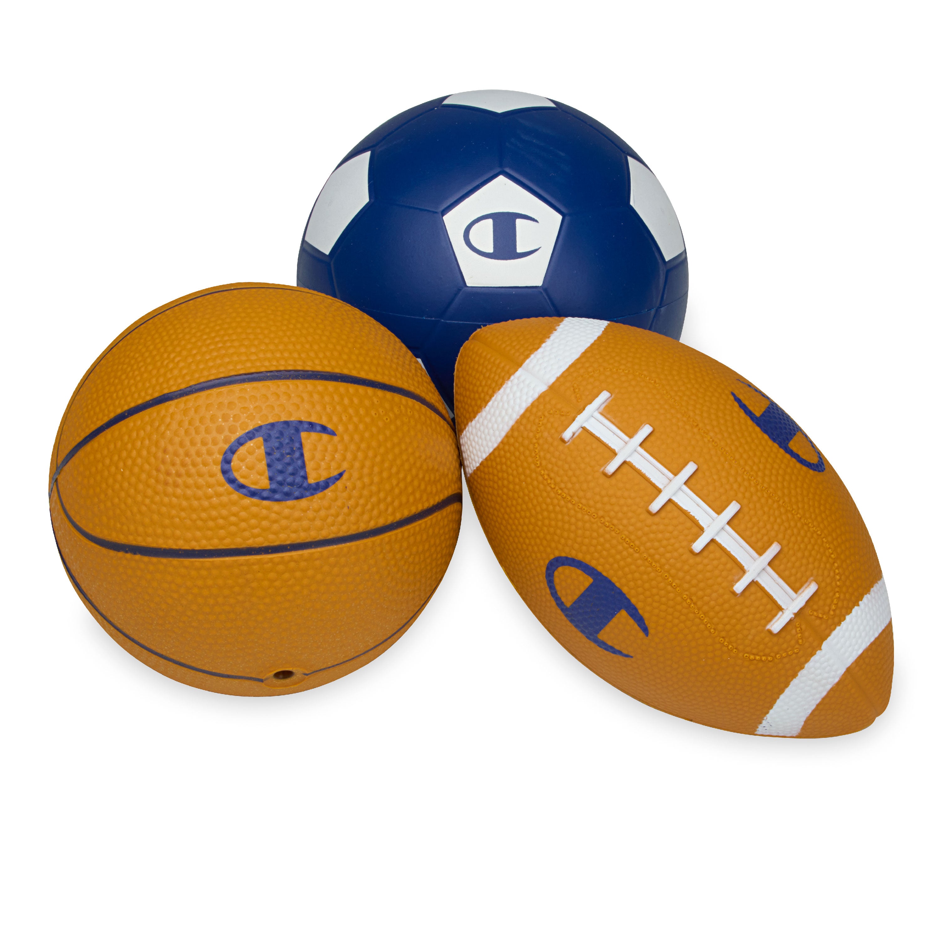 Three sports balls (basketball, soccer ball, and football) with a visible brand logo on a white background.