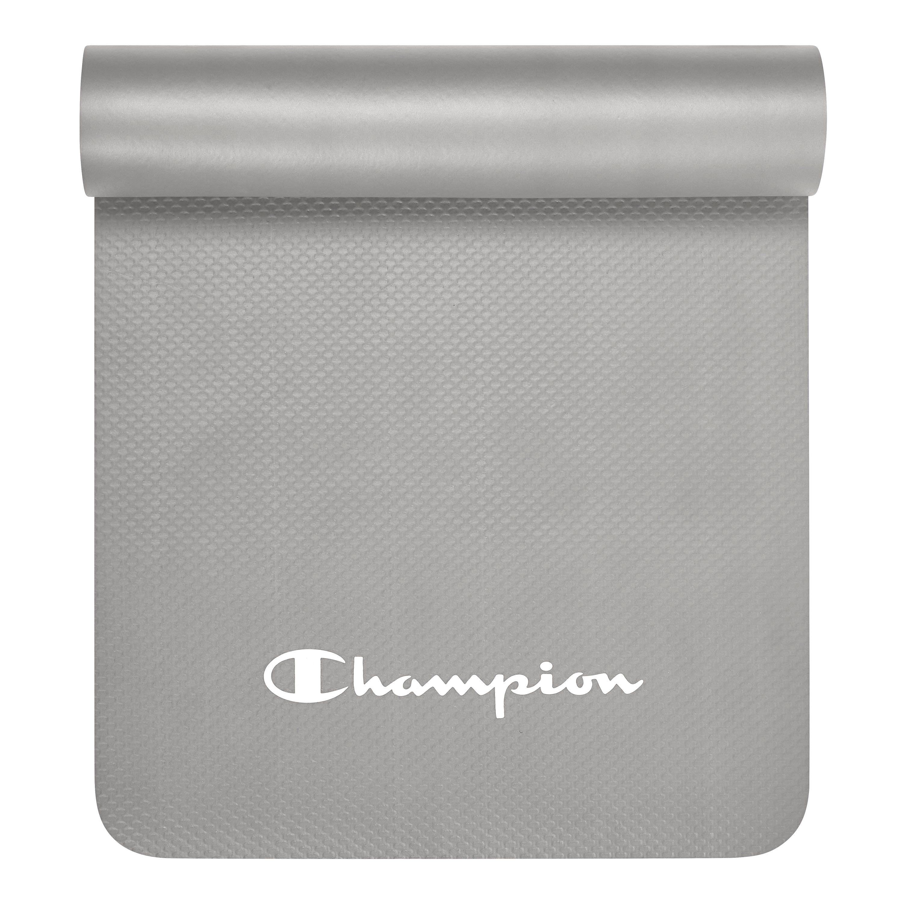 Gray yoga mat with Champion logo on a white background