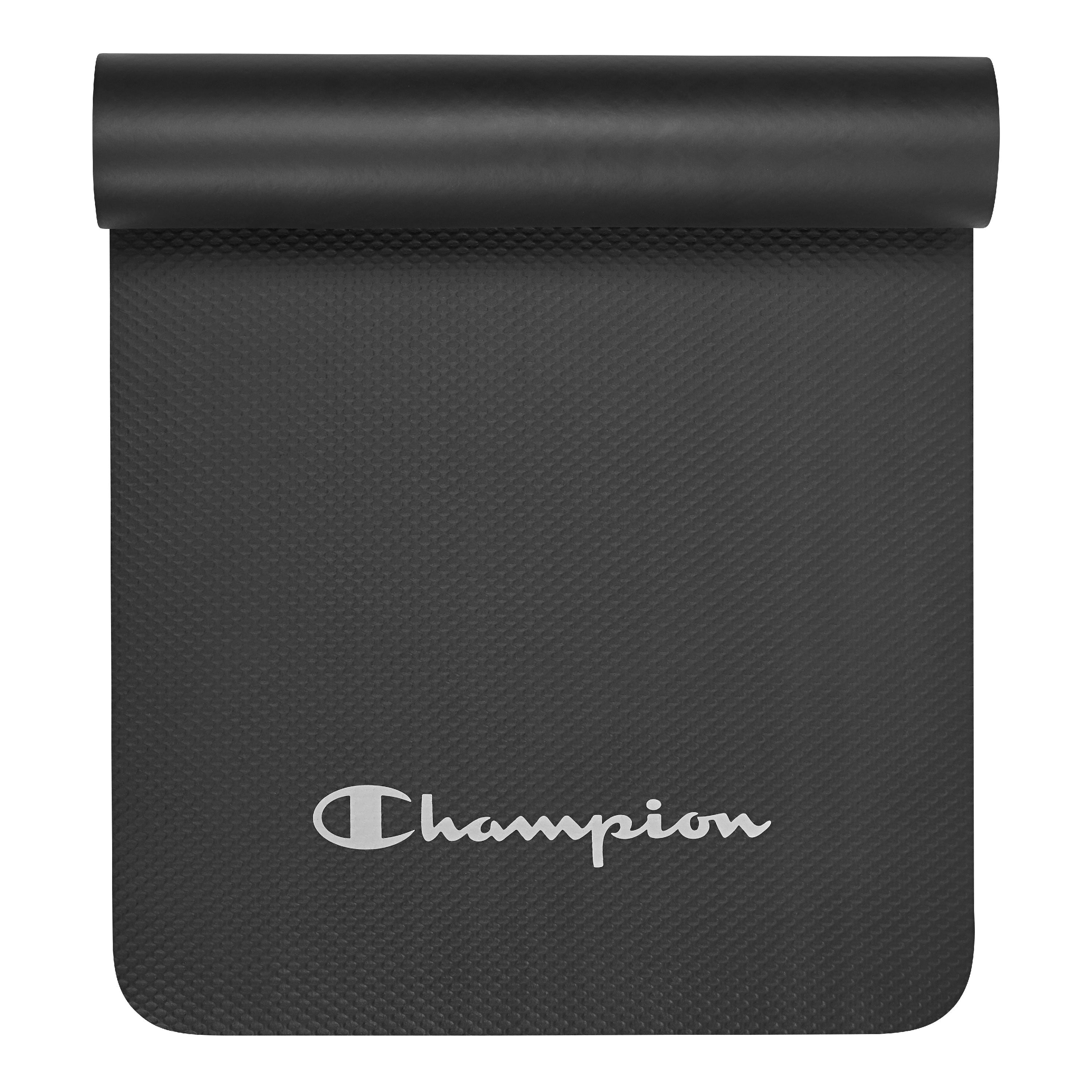 Black yoga mat with Champion logo on a white background