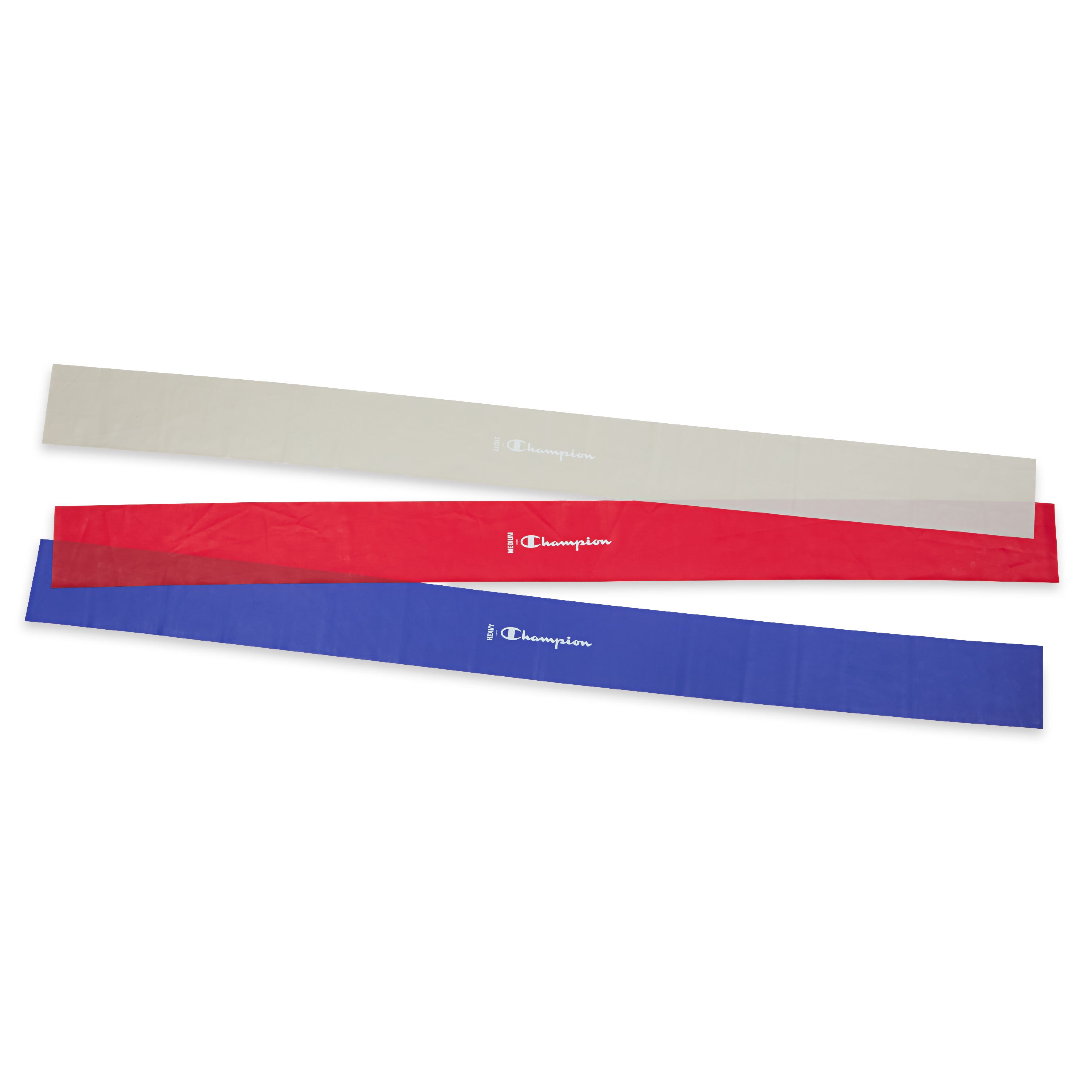 Three resistance bands in red, blue, and beige with Champion logo on a white background