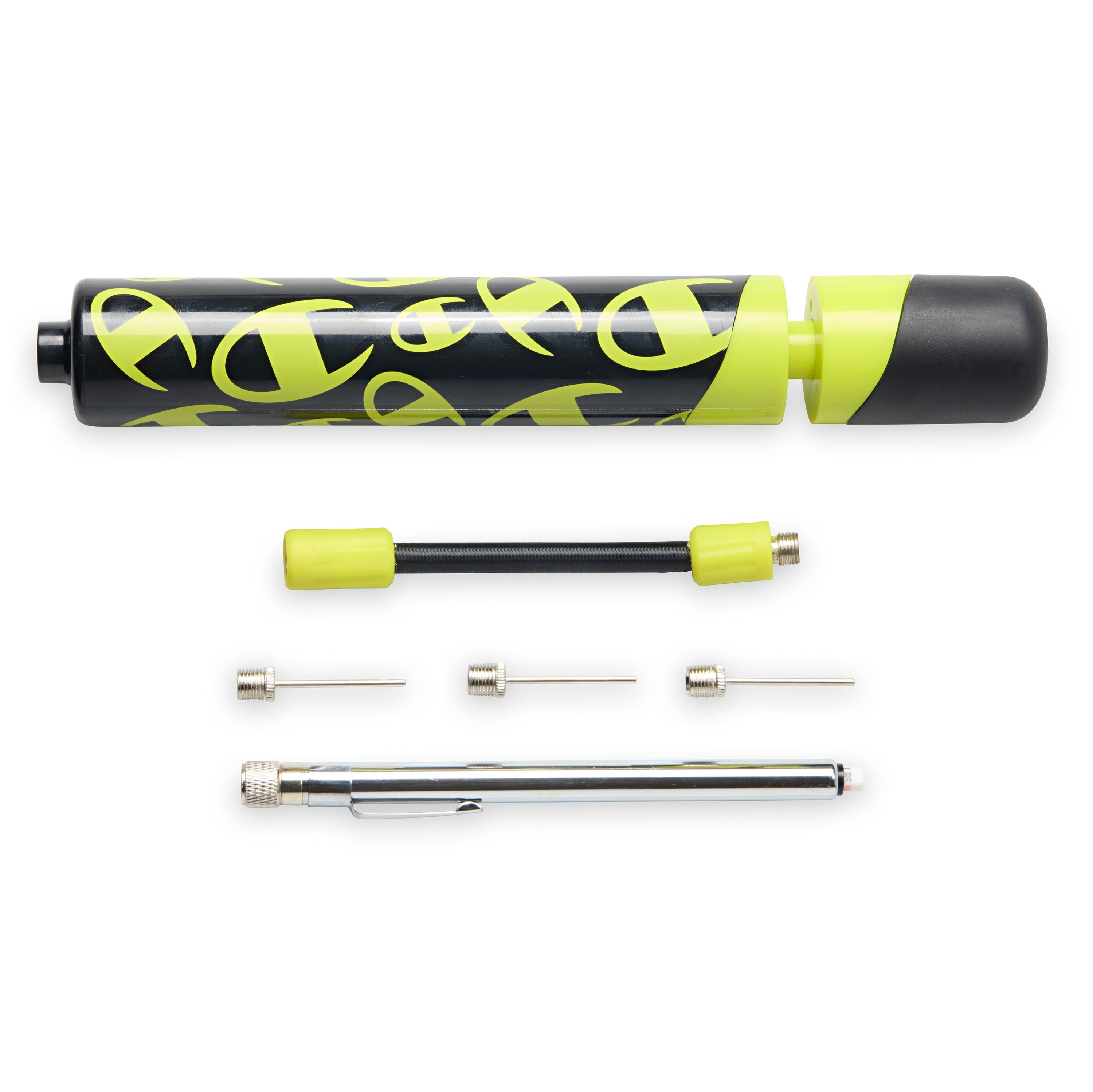 Black and yellow inflatable pool noodle with components on a white background