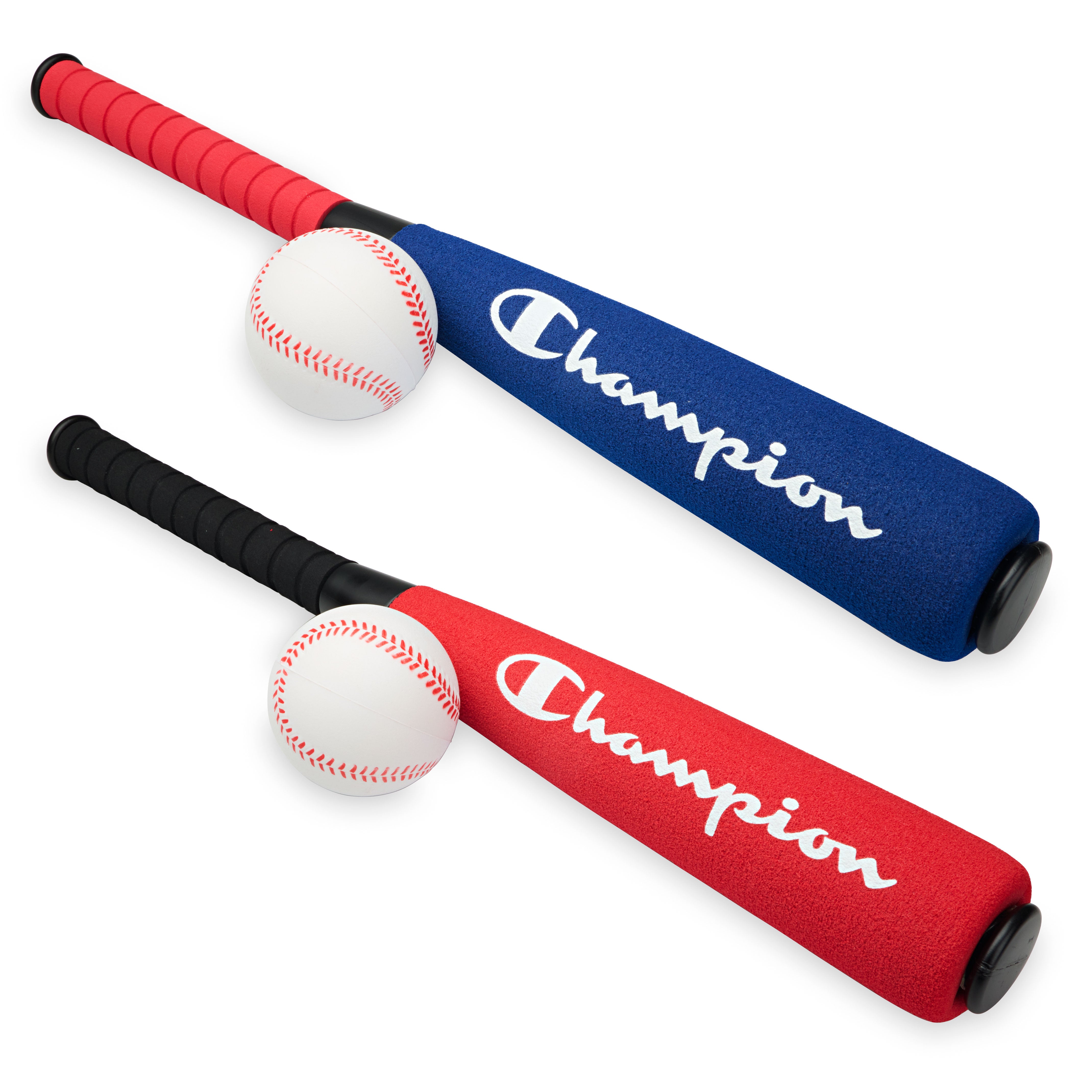 Two Champion baseball bats with a ball on a white background